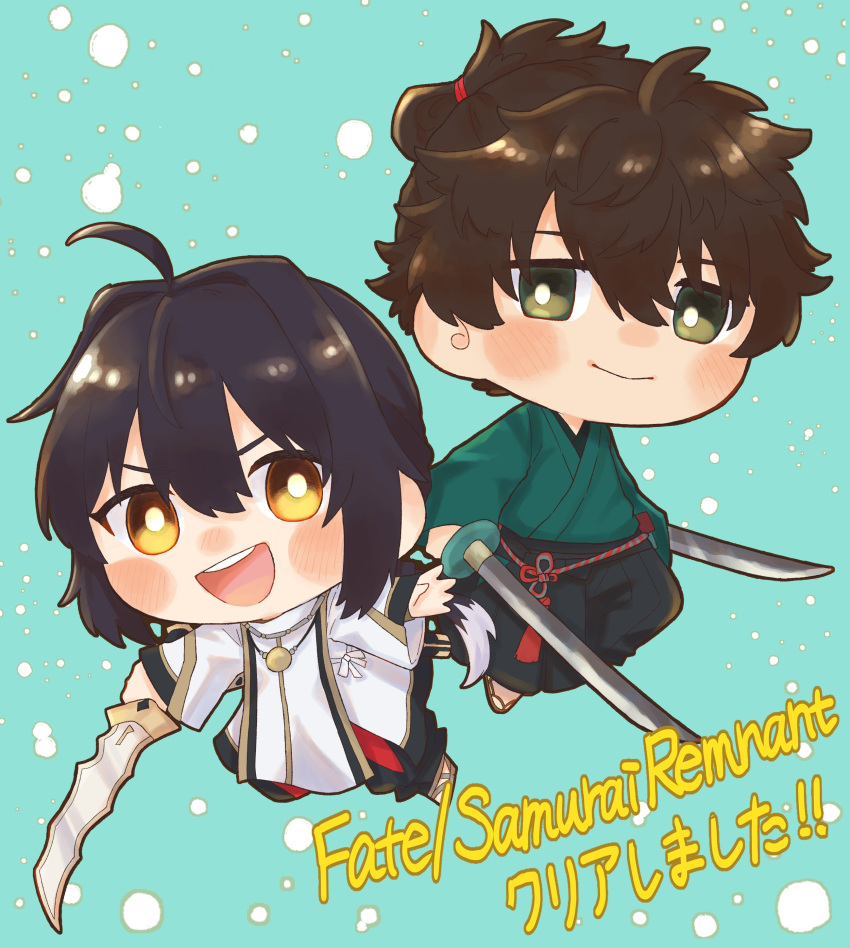 1boy, 1other, absurdres, ahoge, black_hair, blue_background, blush, bright_pupils