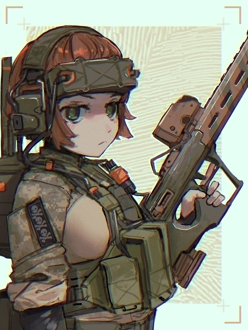 1girl, absurdres, ammunition_pouch, assault_rifle, backpack, bag, blush, brown_hair