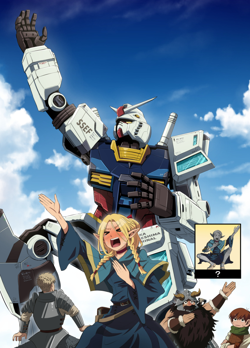 absurdres, arm_up, armor, beard, belt, blonde_hair, blush, bow