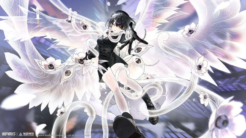 1girl, ankle_boots, black_dress, black_footwear, black_gloves, black_hair, boots, copyright_name, copyright_notice, dress, floating, flower, full_body, gloves, highres, jie_(xinyue_tongxing), logo, long_sleeves, looking_at_viewer, official_art, outstretched_arm, outstretched_hand, pantyhose, purple_background, short_dress, short_hair, snake, solo, weiyu_jiang, white_flower, white_pantyhose, white_wings, wings, xinyue_tongxing, yellow_eyes