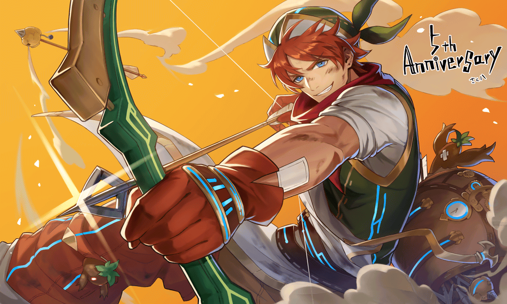 1boy, aiming, anniversary, artist_name, blue_eyes, bow_(weapon), dirty, gloves, grin, hair_between_eyes, holding, holding_bow_(weapon), holding_weapon, looking_at_viewer, male_focus, official_art, orange_background, orange_gloves, orange_hair, pants, poultice, sakuhachi, second-party_source, signature, simple_background, sleeves_rolled_up, smile, solo, strauss_(ta_ga_tame_no_alchemist), ta_ga_tame_no_alchemist, weapon