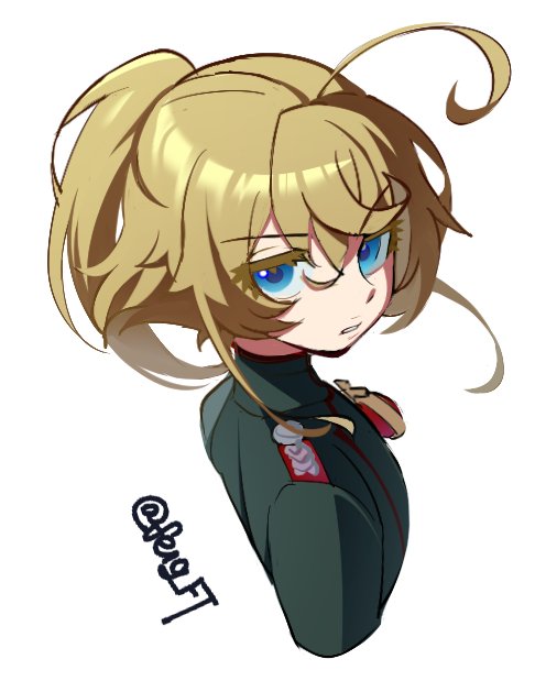 1girl, ahoge, blonde_hair, blue_eyes, commentary, cropped_torso, feng_ft, from_side