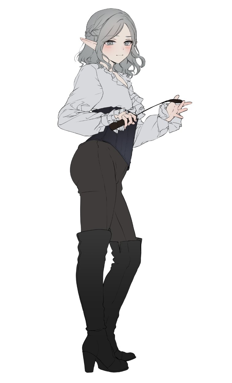 1boy, blush, boots, corset, dungeon_meshi, elf, frilled_shirt, frills
