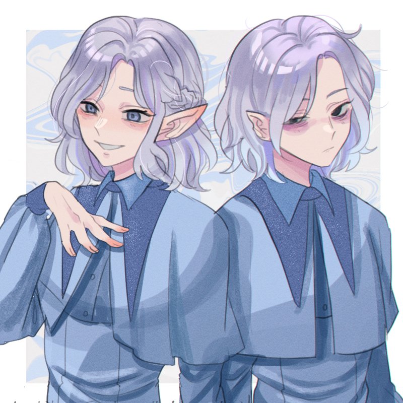 2boys, age_comparison, bags_under_eyes, beauxbatons_school_uniform, beibeidnkb, black_eyes, border, capelet, cosplay, dual_persona, dungeon_meshi, elf, grey_eyes, grey_hair, half_up_braid, hand_on_own_chest, harry_potter_(series), lazy_eye, long_sleeves, male_focus, medium_hair, mithrun, mithrun_(young), multiple_boys, notched_ear, pointy_ears, school_uniform, shirt, short_hair, side-by-side, smile, uneven_eyes, upper_body, wavy_hair, white_border, wizarding_world