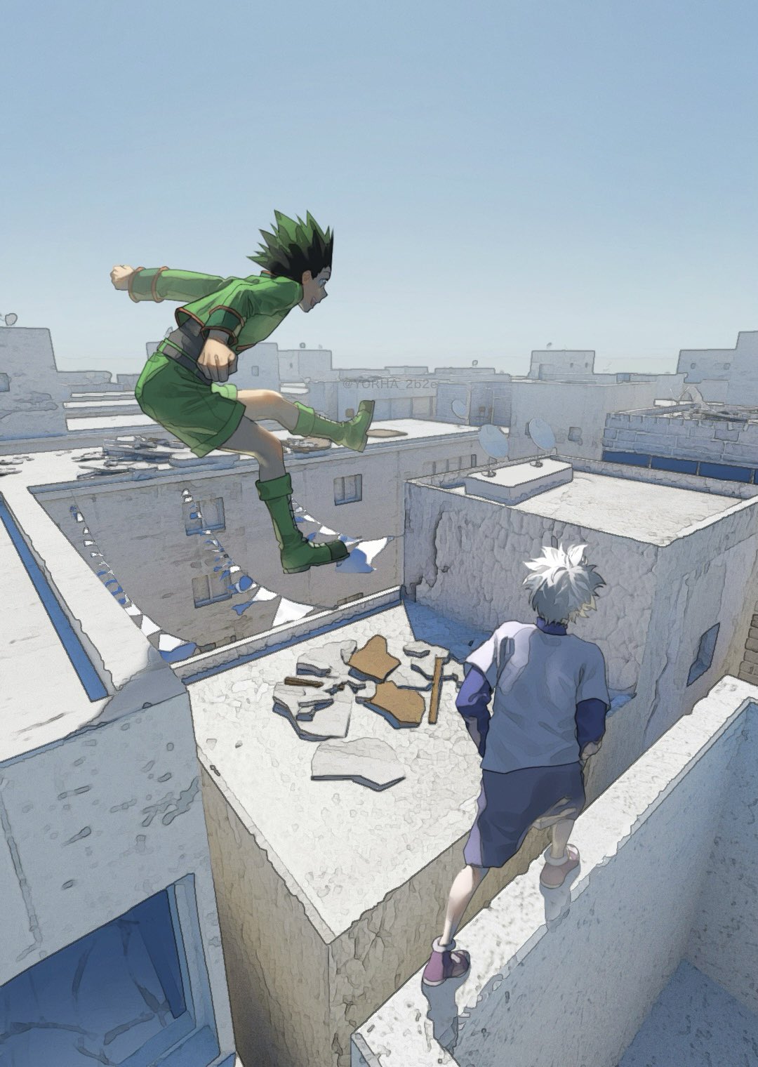 2boys, blue_sky, commentary, from_above, gon_freecss, green_footwear, green_hair, green_jacket
