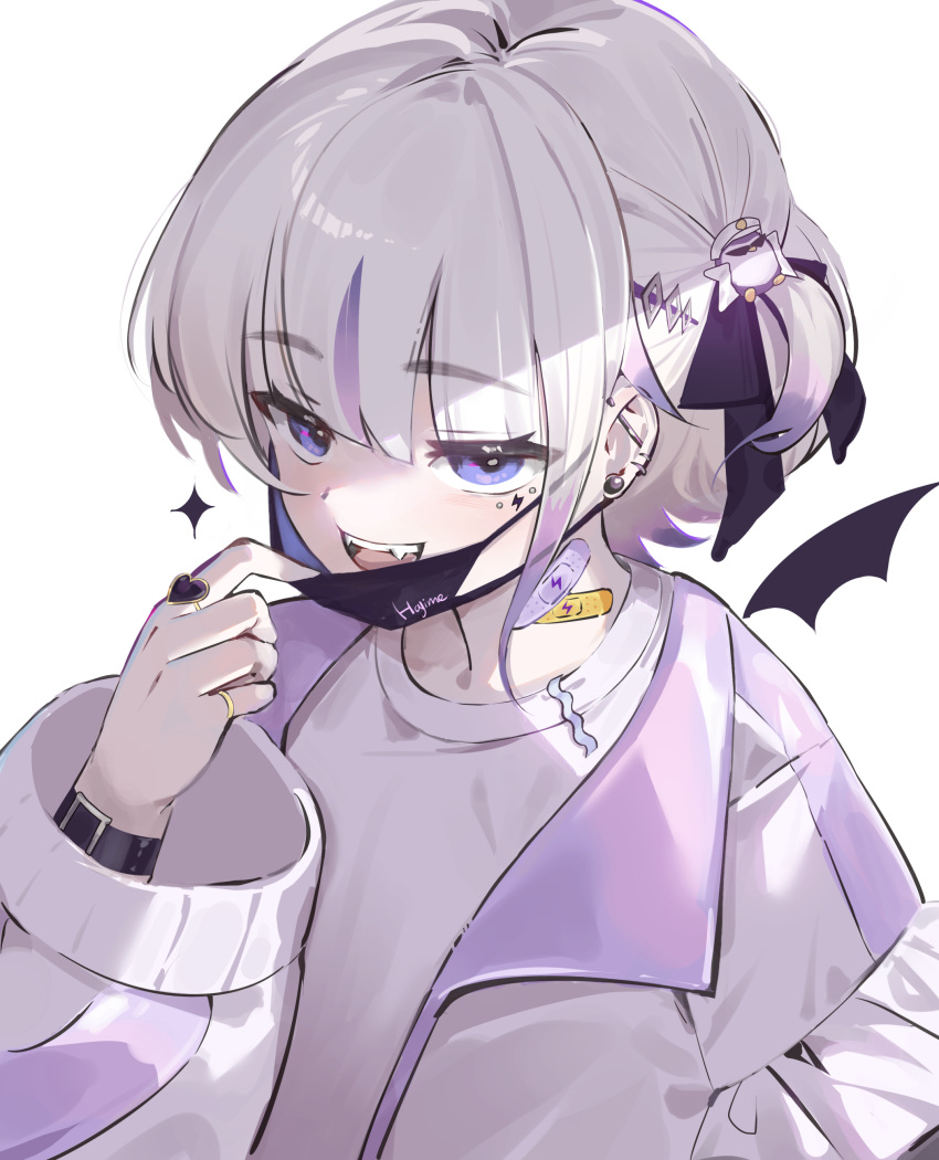 absurdres, bandaged_neck, bandages, bat_wings, black_ribbon, bob_cut, ear_piercing, fangs