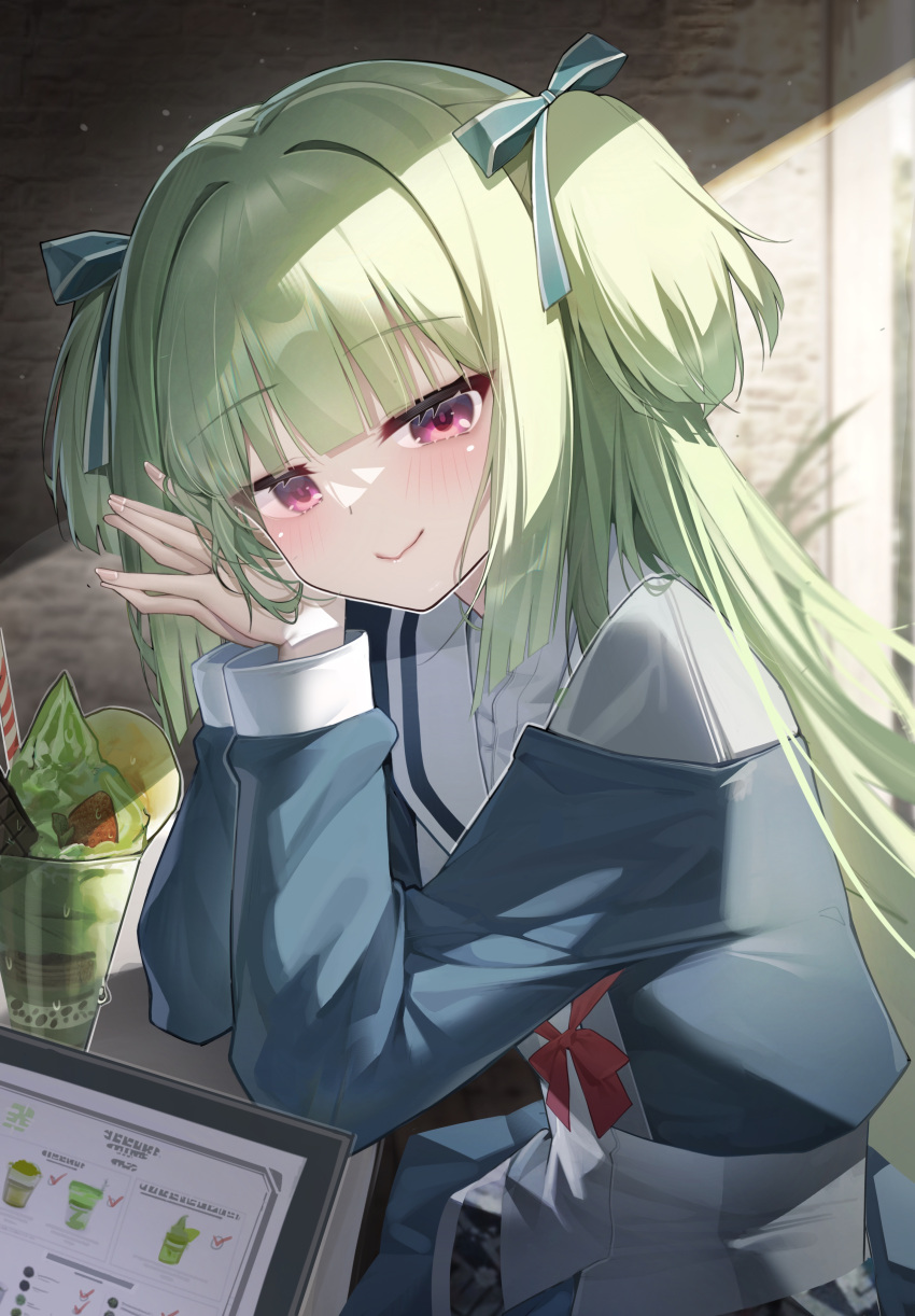 1girl, absurdres, blunt_bangs, blush, closed_mouth, commentary_request, green_hair, hair_ribbon, highres, indoors, jihua_tong, long_hair, long_sleeves, looking_at_viewer, murasame_(senren), own_hands_together, palms_together, red_eyes, ribbon, senren_banka, sidelocks, smile, solo, two_side_up, very_long_hair
