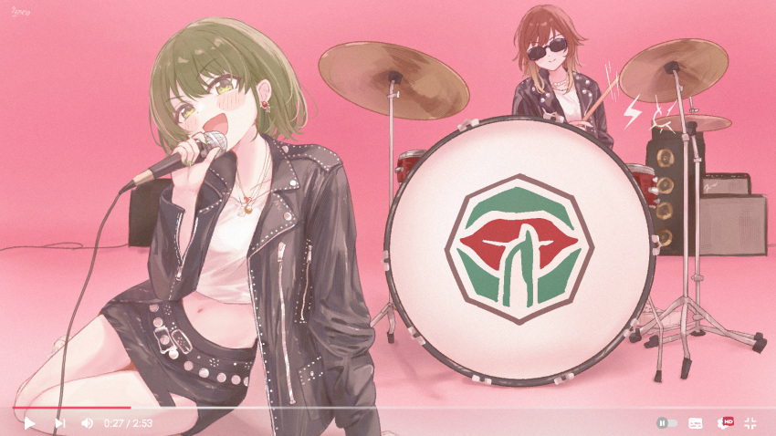 2girls, aketa_mikoto, amplifier, apt._(rose_&amp;_bruno_mars), bare_legs, black_jacket, black_skirt, blush