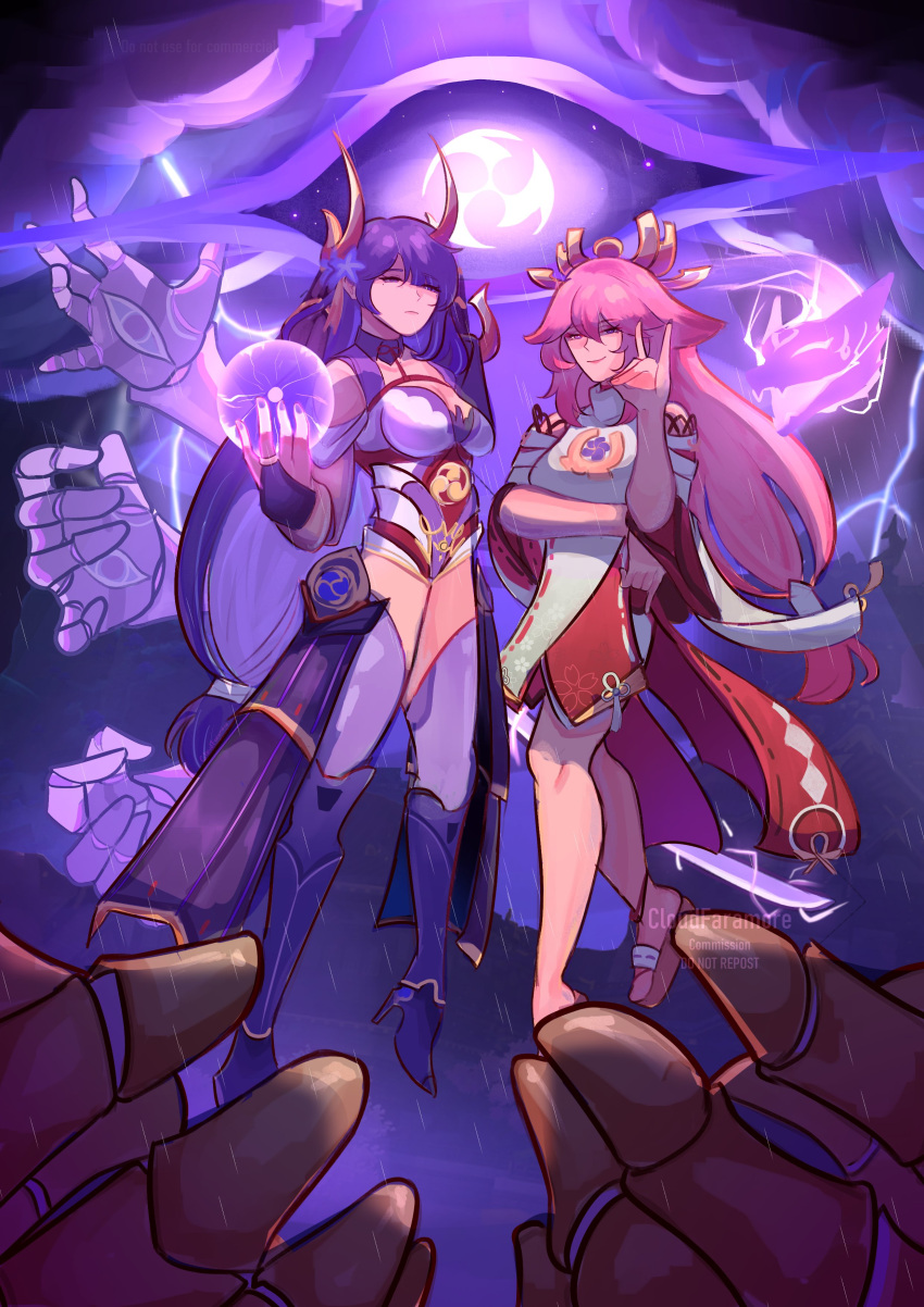 2girls, absurdres, animal_ears, armor, bare_shoulders, breasts, bridal_gauntlets, cloudfaramore