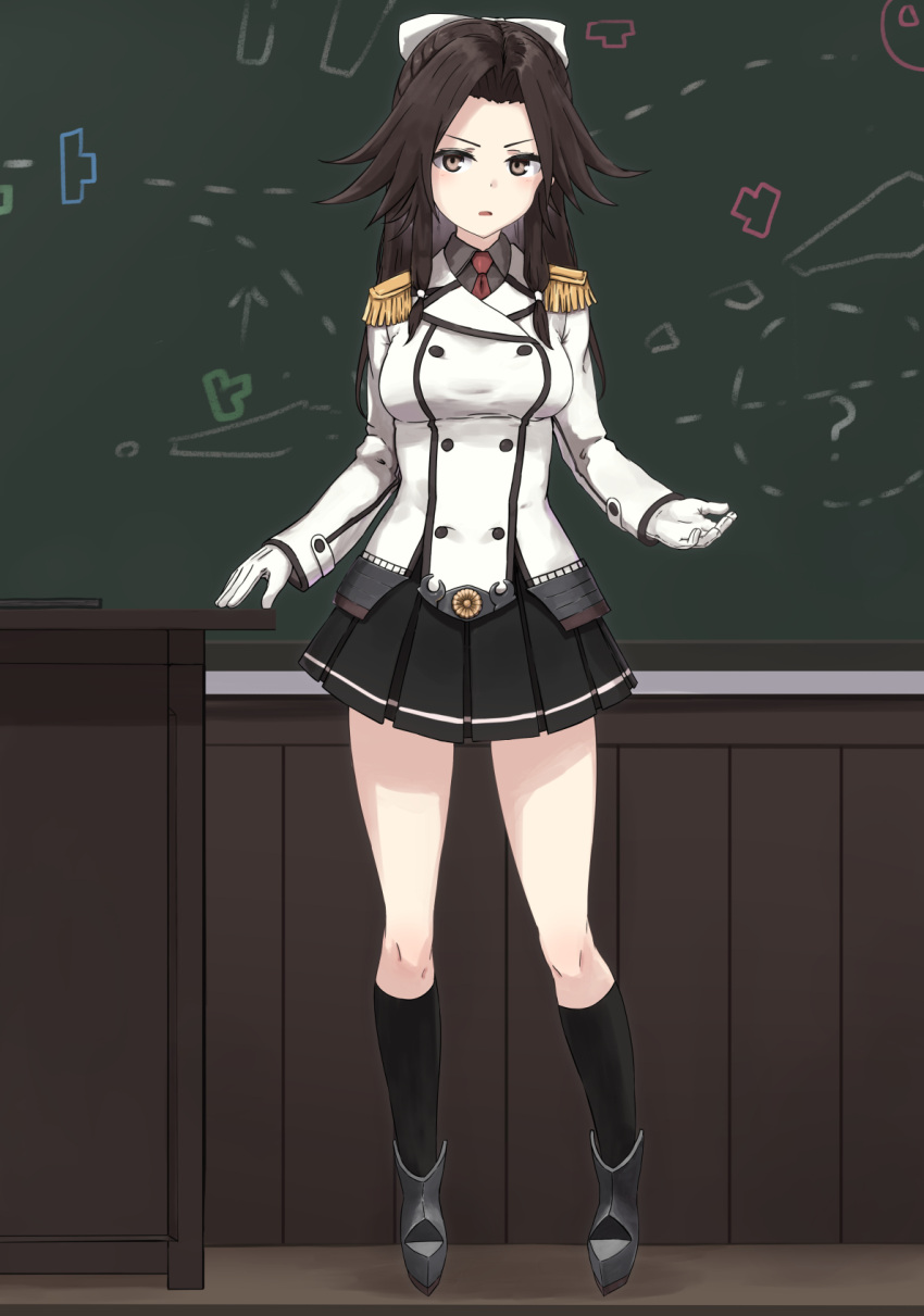 1girl, black_skirt, black_socks, bow, breasts, brown_eyes, brown_hair, buttons