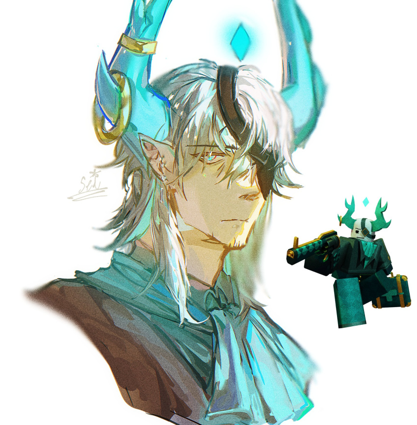 1boy, aqua_ascot, aqua_horns, aqua_shirt, black_jacket, closed_mouth, collared_shirt, eyepatch