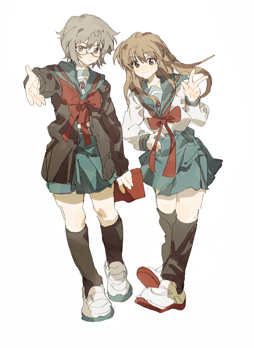 2girls, absurdres, asahina_mikuru, black_socks, blue_sailor_collar, blue_skirt, brown_cardigan, brown_eyes