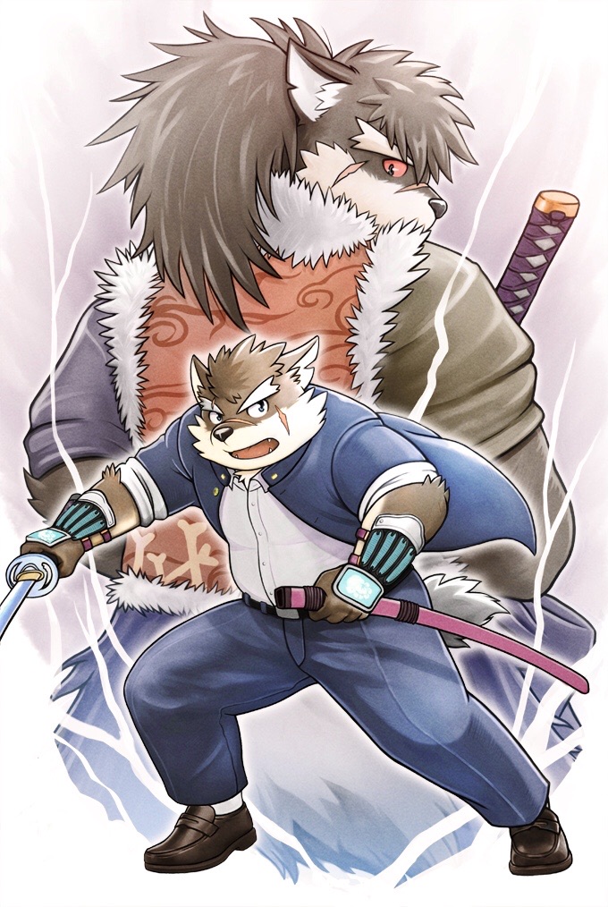 2boys, animal_ear_fluff, animal_ears, blue_eyes, brown_footwear, brown_fur, brown_hair, colored_sclera, commentary, dog_boy, dog_ears, dog_nose, dog_tail, furry, furry_male, gauntlets, holding, holding_sheath, holding_sword, holding_weapon, japanese_clothes, katana, kemokemumaki, long_hair, looking_at_another, looking_back, male_focus, moritaka_(housamo), multiple_boys, notched_ear, plump, ponytail, red_sclera, scar, scar_across_eyebrow, scar_on_cheek, scar_on_face, scar_on_nose, school_uniform, sheath, shino_(housamo), sword, tail, thick_eyebrows, tokyo_afterschool_summoners, weapon