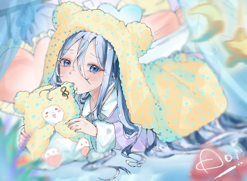 1girl, :3, animal, animal_ears, aoizorachi, bear, bed, blanket, blue_eyes, blue_hair, blush, canopy_bed, collared_shirt, cub, curtains, fake_animal_ears, fake_tail, frilled_pillow, frills, frown, fur-trimmed_sleeves, fur_trim, heart, heart-shaped_pillow, holding, holding_animal, looking_at_viewer, lying, marumofubiyori, moon_(ornament), nibbling, on_stomach, open_mouth, pajamas, pillow, plant, polar_bear, polka_dot_blanket, project_sekai, purple_pajamas, red_pillow, sanrio, shirt, signature, star_ornament, tail, yellow_blanket, yellow_pillow, yoisaki_kanade