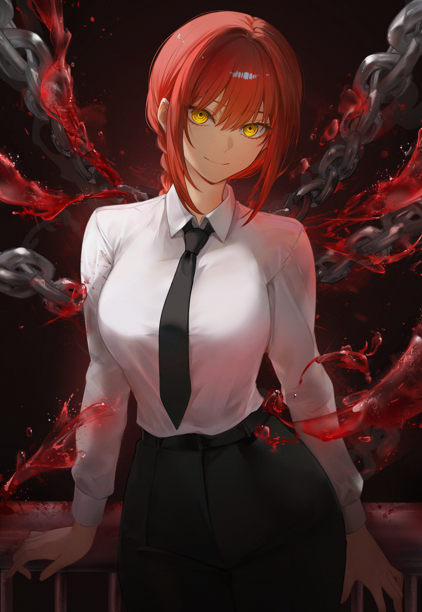 1girl, absurdres, black_necktie, black_pants, blood, chain, chainsaw_man, cowboy_shot