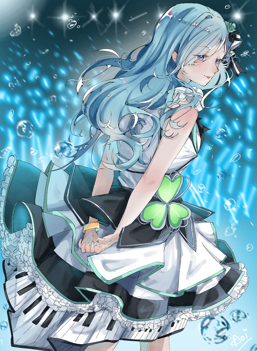 1girl, aoizorachi, back, black_flower, black_rose, black_skirt, blue_eyes, blue_hair, bracelet, bubble, clover_ornament, cropped_jacket, crossed_fingers, dress, flower, frilled_dress, frilled_shirt, frills, glowstick, green_flower, green_rose, hair_between_eyes, hair_flower, hair_ornament, highres, hinomori_shizuku, jacket, jewelry, lace-trimmed_skirt, lace_trim, layered_skirt, long_hair, mole, mole_under_mouth, piano_print, project_sekai, rose, shirt, sidelocks, signature, skirt, sleeveless, sleeveless_shirt, solo, sparkle, too_many, white_jacket, white_shirt, white_skirt