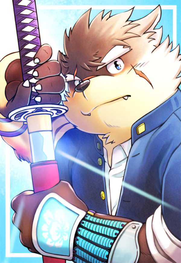 1boy, animal_ear_fluff, animal_ears, blue_background, blue_eyes, border, brown_fur, closed_mouth