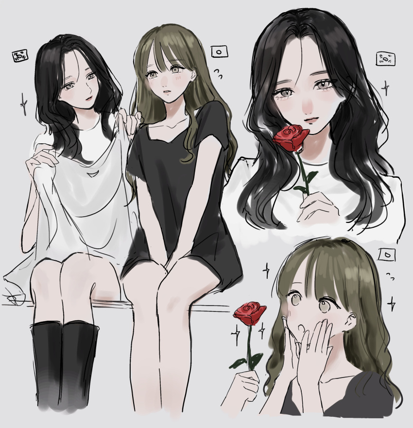 2girls, absurdres, aoiame, black_footwear, black_hair, black_shirt, blush, boots, closed_mouth, flower, flying_sweatdrops, green_hair, grey_background, grey_eyes, hand_on_own_face, highres, holding, holding_flower, japan-korea_yuri_(meme), japanese_flag, knee_boots, long_hair, looking_at_another, meme, multiple_girls, original, parted_lips, red_flower, red_rose, rose, shirt, simple_background, sitting, smile, south_korean_flag, sparkle, white_shirt, yuri