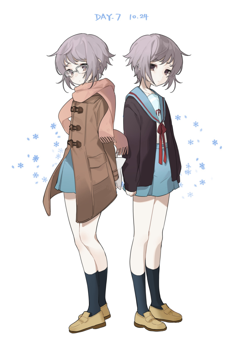 2girls, absurdres, black_socks, blue_sailor_collar, blue_skirt, brown_cardigan, brown_coat, brown_eyes