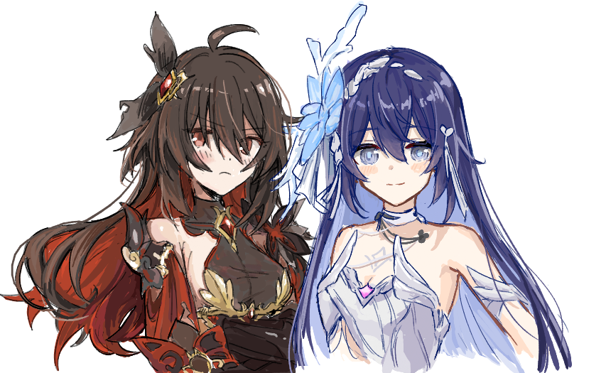 2girls, artist_collaboration, bare_shoulders, black_dress, black_hair, blue_flower, blue_hair, blush
