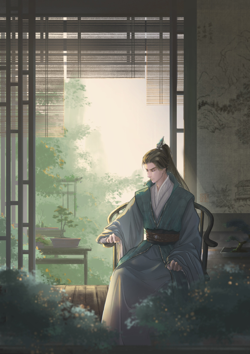 1boy, absurdres, architecture, bijia, black_hair, black_sash, bonsai, brown_sash