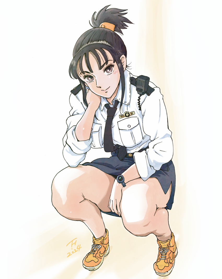 1girl, 2024, black_hair, black_necktie, black_skirt, breast_pocket, brown_eyes, buttons