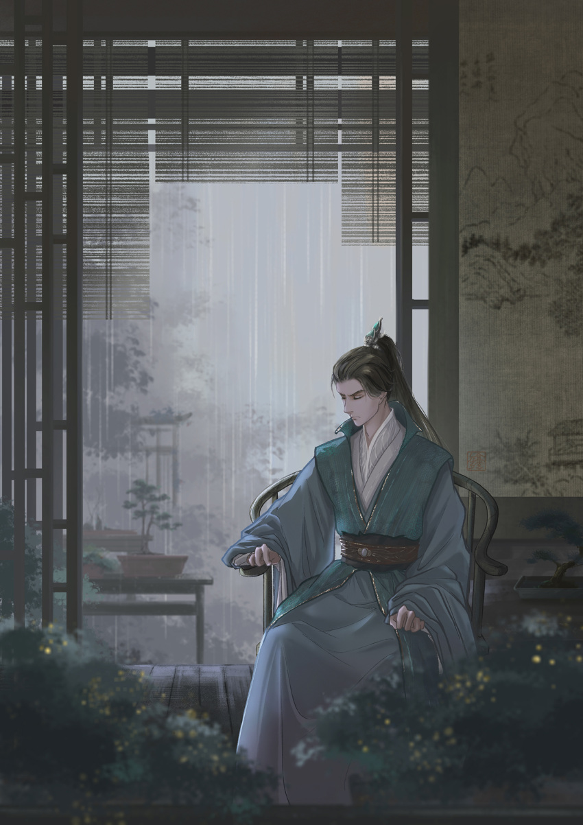 1boy, architecture, bijia, black_hair, black_sash, blue_hanfu, bonsai, brown_sash
