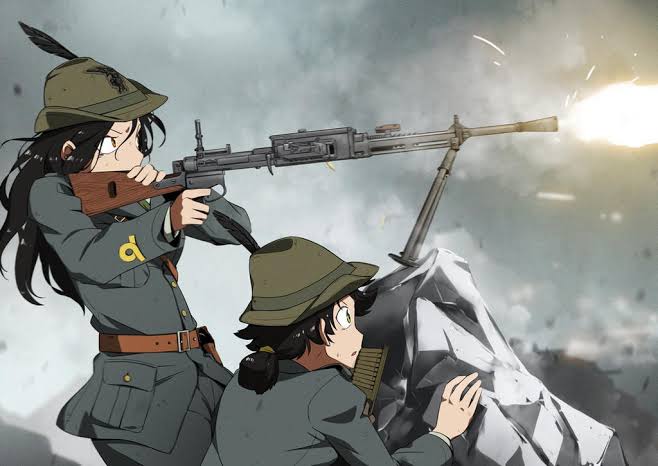 firing, italian_army, light_machine_gun, long_hair, magazine_(weapon), multiple_girls, original, rifle