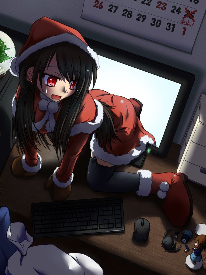 akasaka_takanari, all_fours, black_hair, blush, calendar_(object), character_doll, christmas, computer, computer_keyboard, dutch_angle, figure, hat, hirasawa_yui, k-on!, long_hair, monitor, nakano_azusa, open_mouth, original, red_eyes, santa_costume, santa_hat, screen, skirt, solo, the_ring, thigh-highs, thighhighs, x-mas, yamamura_sadako