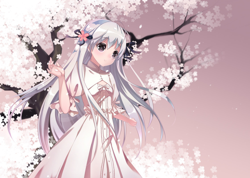 brown_eyes, cherry_blossoms, dress, kasugano_sora, long_hair, original, pink, ribbon