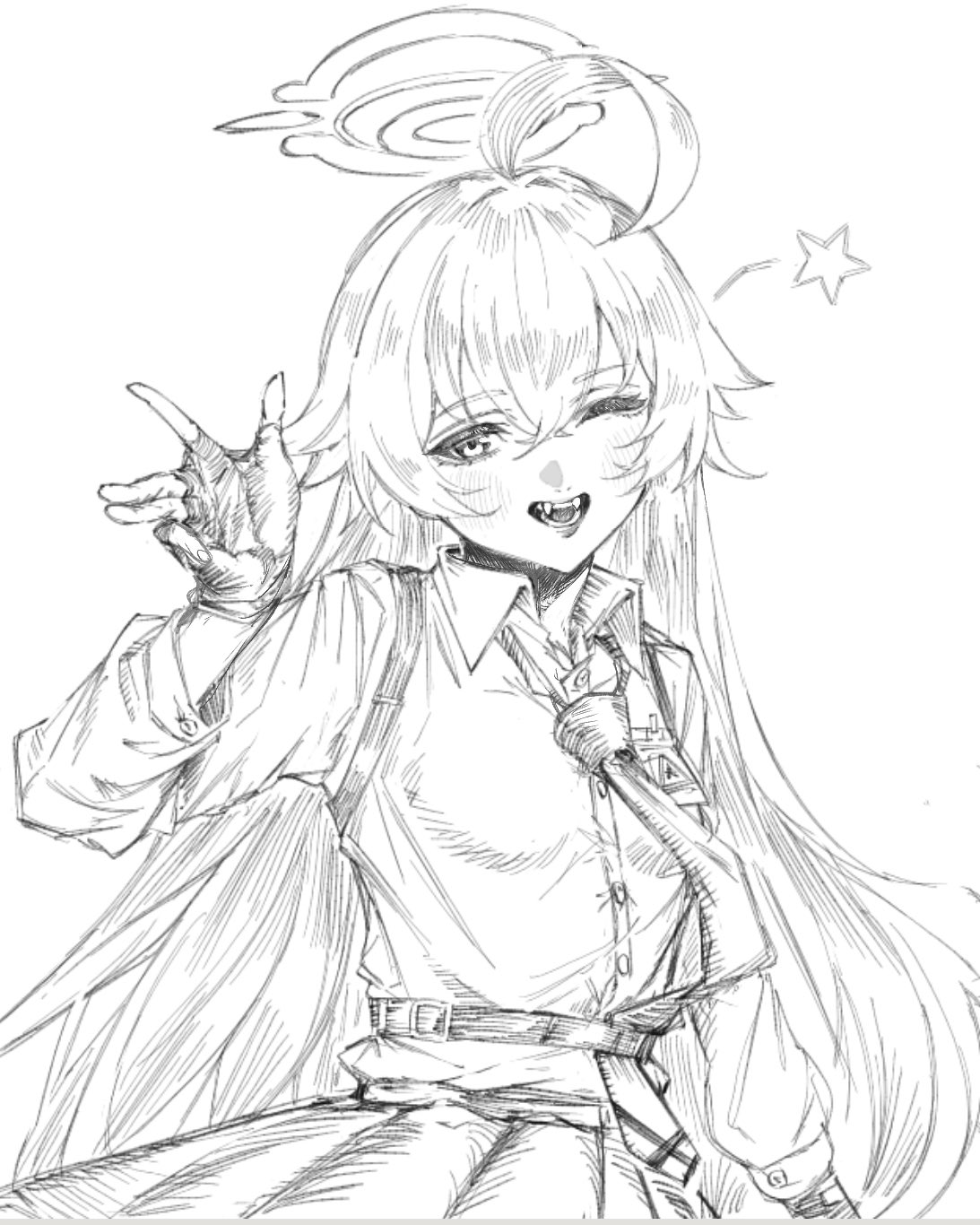 1girl, ;d, ahoge, arm_at_side, belt, blue_archive, blush, buttons