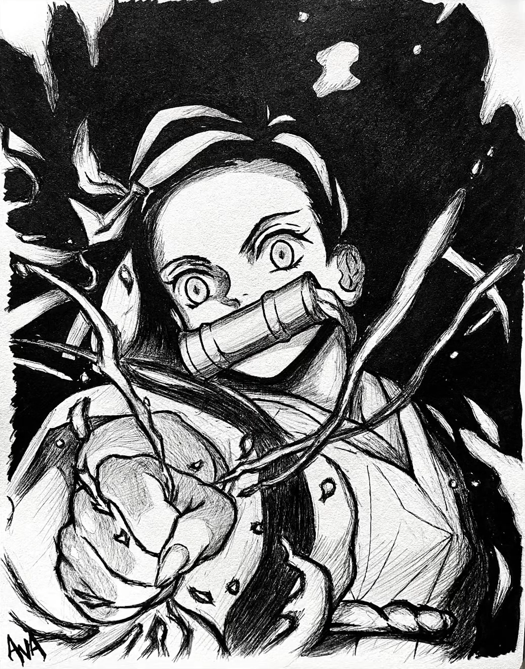 1girl, ballpoint_pen_(medium), bamboo, bit_gag, clenched_hand, commentary, draw_with_aid, english_commentary