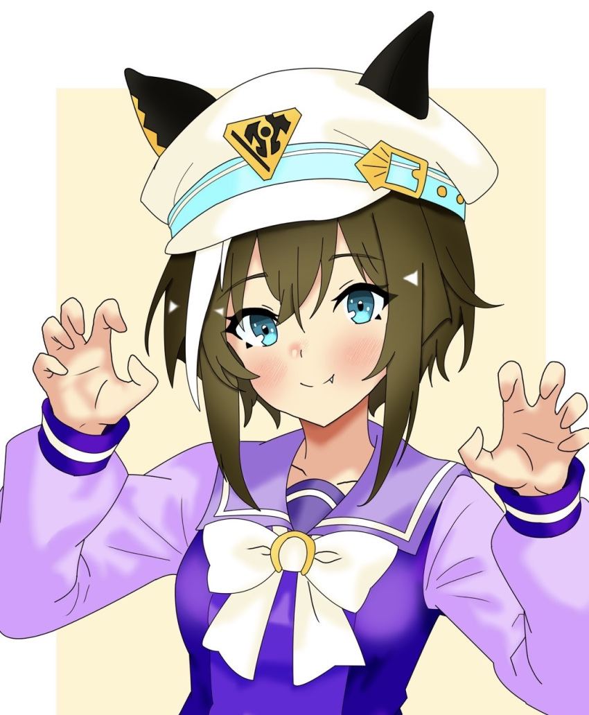 1girl, animal_ears, blue_eyes, blush, breasts, brown_hair, cheval_grand_(umamusume), commentary_request, fang, hair_between_eyes, halloween, hat, highres, horse_ears, horse_girl, looking_at_viewer, medium_breasts, medium_hair, paw_pose, portrait, school_uniform, smapy_sumataku, smile, tracen_school_uniform, umamusume, white_background
