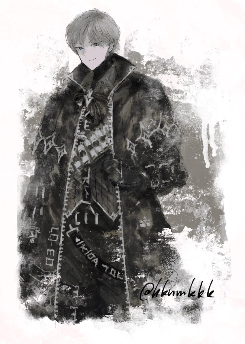 1boy, black_bow, black_bowtie, black_coat, black_gloves, black_jacket, black_pants, blue_eyes, bow, bowtie, closed_mouth, coat, cowboy_shot, gloves, highres, hknmkkk, jacket, limbus_company, long_sleeves, looking_at_viewer, pants, project_moon, romero_(project_moon), silver_trim, simple_background, smile, solo, twitter_username, white_background, white_hair