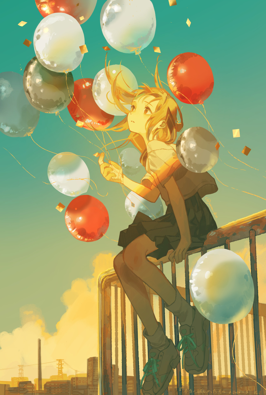 1girl, absurdres, balloon, black_footwear, black_skirt, blue_sky, brown_eyes, building
