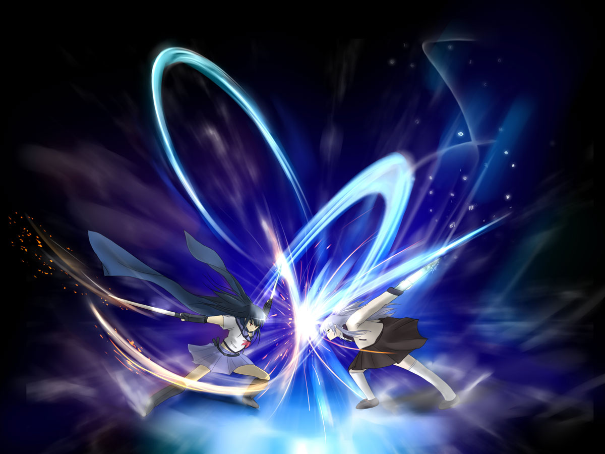 2girls, battle, hand_sonic, shiina_(angel_beats!), sparks, sword, tachibana_kanade, taiga~midnight, tachibana_kanade, weapon
