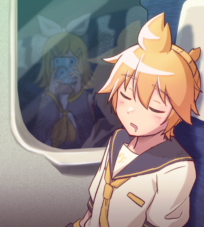 ahoge, aircraft, airplane, bare_shoulders, blonde_hair, bow, camera, closed_eyes, detached_sleeves, drooling, grey_sailor_collar, grey_sleeves, hair_ornament, hairclip, highres, holding, holding_camera, kagamine_len, kagamine_rin, mouth_drool, namazakana_yeah, neckerchief, necktie, night, night_sky, reflection, sailor_collar, shirt, short_ponytail, short_sleeves, sitting, sky, sleeping, sleeveless, sleeveless_shirt, swept_bangs, taking_picture, treble_clef, upper_body, vocaloid, white_bow, white_shirt, window, yellow_neckerchief, yellow_necktie
