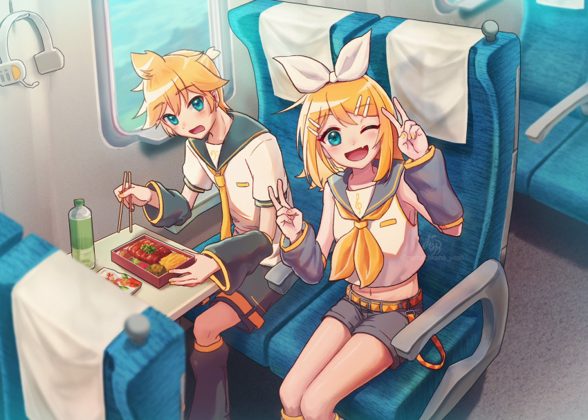 above_clouds, ahoge, airplane_interior, aqua_eyes, bare_shoulders, bass_clef, belt, belt_buckle, bento, blonde_hair, bow, breasts, buckle, chopsticks, close-up, clouds, detached_sleeves, double_v, eating, embarrassed, fang, grey_leg_warmers, grey_sailor_collar, grey_shorts, grey_sleeves, hair_between_eyes, hair_bow, hair_ornament, hairclip, headphones, headphones_removed, headset, headset_removed, highres, holding, holding_chopsticks, hunched_over, kagamine_len, kagamine_rin, leg_warmers, looking_at_viewer, midriff, namazakana_yeah, navel, neckerchief, necktie, one_eye_closed, plastic_bottle, posing, sailor_collar, shirt, short_ponytail, short_sleeves, shorts, sitting, skin_fang, sleeveless, sleeveless_shirt, small_breasts, surprised, swept_bangs, treble_clef, v, vocaloid, white_bow, white_footwear, yellow_belt, yellow_neckerchief, yellow_necktie