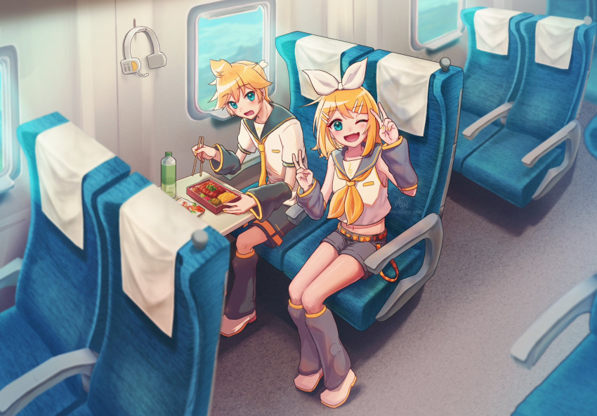 above_clouds, ahoge, airplane_interior, aqua_eyes, bare_shoulders, bass_clef, belt, belt_buckle, bento, blonde_hair, bow, breasts, buckle, chopsticks, clouds, detached_sleeves, double_v, eating, embarrassed, fang, grey_leg_warmers, grey_sailor_collar, grey_shorts, grey_sleeves, hair_between_eyes, hair_bow, hair_ornament, hairclip, headphones, headphones_removed, headset, headset_removed, highres, holding, holding_chopsticks, hunched_over, kagamine_len, kagamine_rin, leg_warmers, looking_at_viewer, midriff, namazakana_yeah, navel, neckerchief, necktie, one_eye_closed, plastic_bottle, posing, sailor_collar, shirt, short_ponytail, short_sleeves, shorts, sitting, skin_fang, sleeveless, sleeveless_shirt, small_breasts, surprised, swept_bangs, treble_clef, v, vocaloid, white_bow, white_footwear, yellow_belt, yellow_neckerchief, yellow_necktie