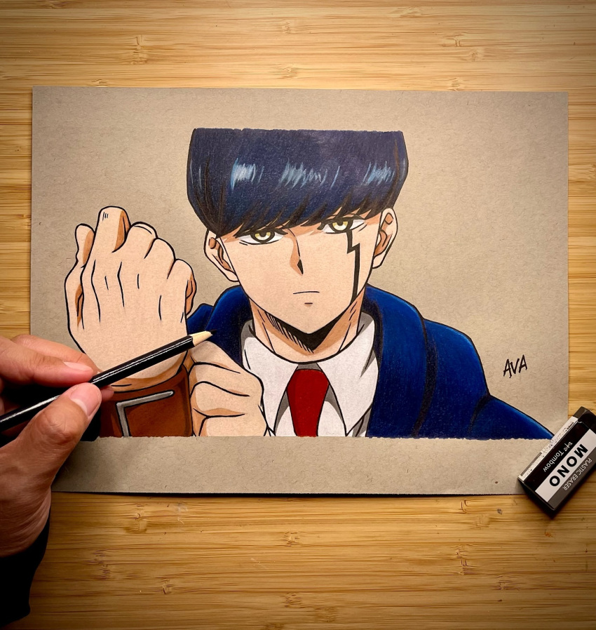 1boy, art_tools_in_frame, black_hair, blue_cloak, bowl_cut, cloak, colored_pencil_(medium), commentary