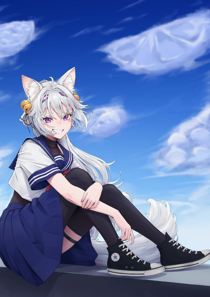 1girl, absurdres, ahoge, animal_ear_fluff, animal_ears, bell, black_footwear, black_thighhighs, black_undershirt, blue_sailor_collar, blue_skirt, blue_sky, cat_ears, cat_girl, cat_tail, commentary, english_commentary, filian_(vtuber), from_side, full_body, grin, haedgie, highres, indie_virtual_youtuber, lace-up, light_blush, long_hair, looking_at_viewer, neckerchief, outdoors, pleated_skirt, red_neckerchief, sailor_collar, school_uniform, serafuku, shoes, sitting, skirt, sky, smile, sneakers, solo, tail, thigh-highs, thigh_strap, violet_eyes, virtual_youtuber, white_hair, white_serafuku