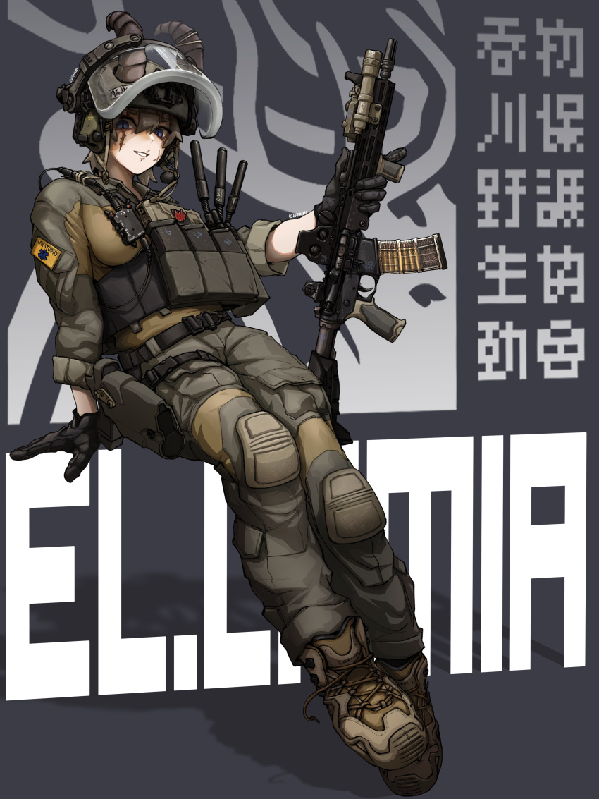 1girl, absurdres, ammunition_pouch, ar-15, assault_rifle, belt, black_belt, black_gloves