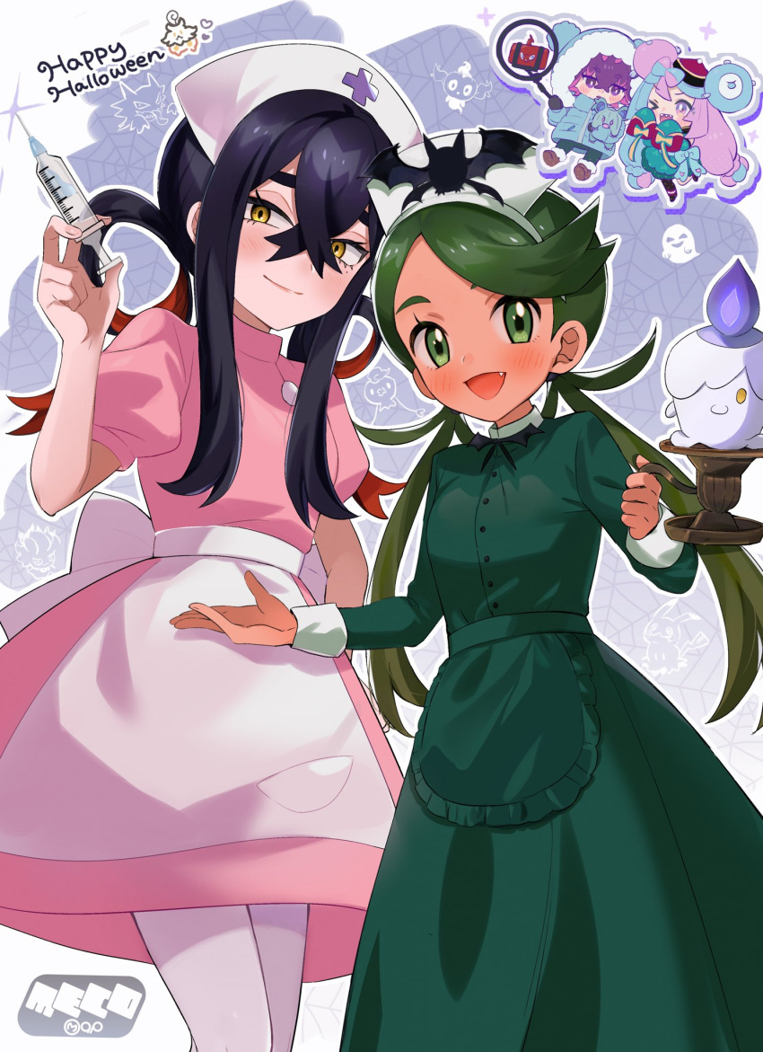 4girls, :d, abe_(kumayu), alternate_costume, apron, black_hair, carmine_(pokemon), chibi