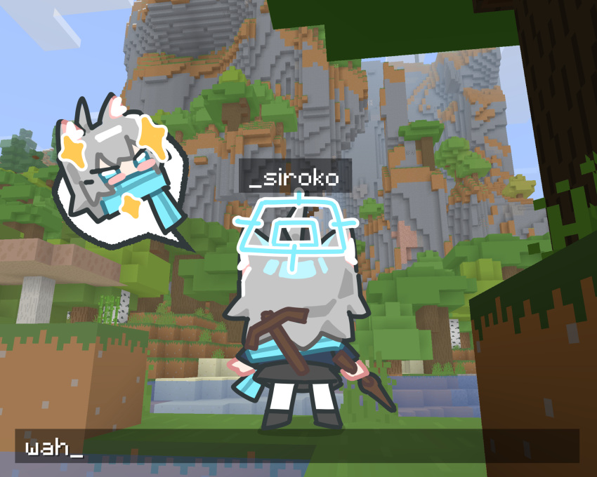1girl, ahoge, animal_ear_fluff, animal_ears, black_footwear, black_skirt, blue_archive, blue_eyes, blue_halo, blue_scarf, blush_stickers, character_name, clouds, commentary, day, english_commentary, from_behind, game_screenshot_background, grass, grey_hair, halo, highres, holding, holding_polearm, holding_weapon, ishikoro24, long_sleeves, minecraft, mountain, outdoors, parody, pickaxe, polearm, scarf, screenshot_background, shiroko_(blue_archive), skirt, solo, sparkling_aura, speech_bubble, spoken_character, standing, tree, water, weapon, wolf_ears, wolf_girl