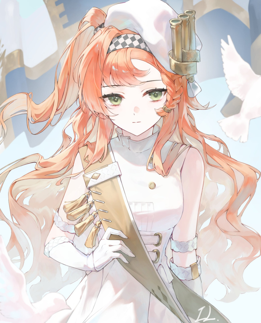 1girl, artist_name, banner, beret, bird, blue_background, checkered_hairband, closed_mouth