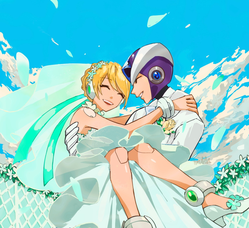 1boy, 1girl, alia_(mega_man), android, bare_shoulders, blonde_hair, cairngorm999, closed_eyes