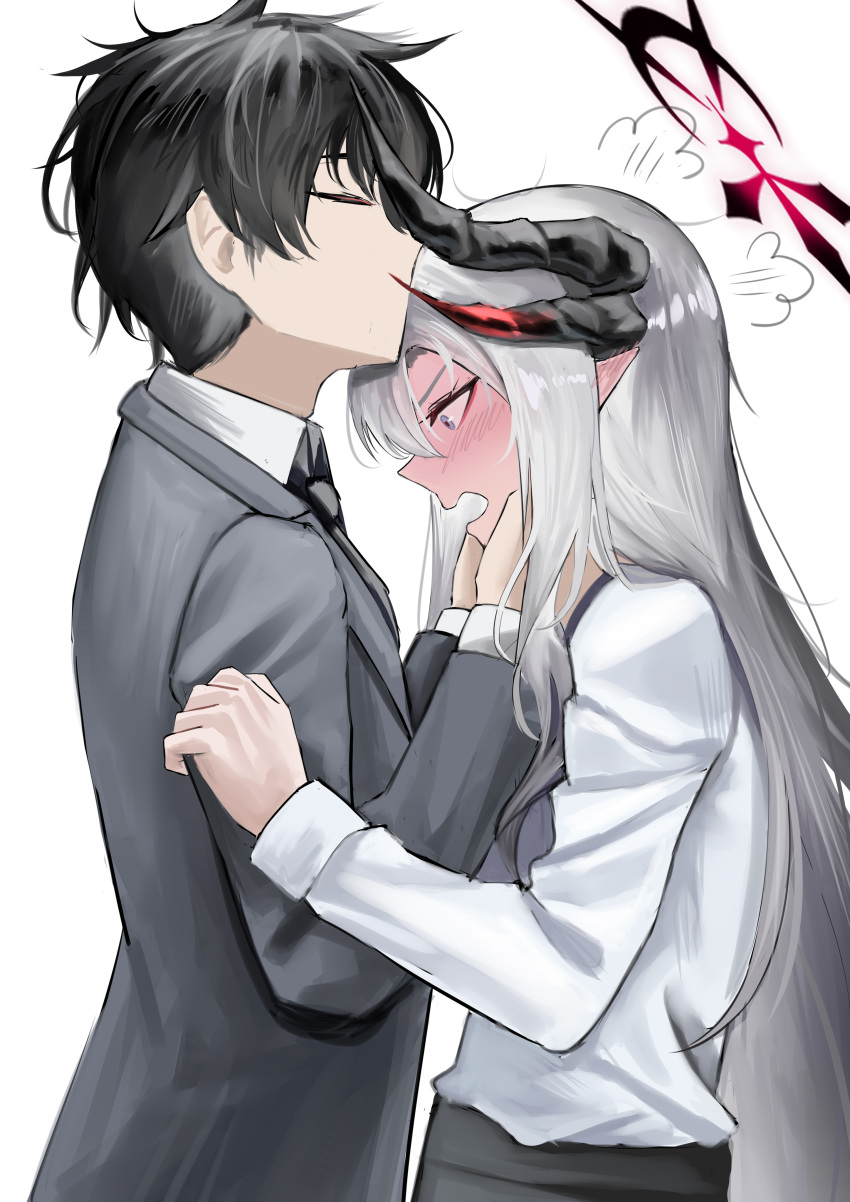 1boy, 1girl, absurdres, affectionate, black_horns, black_necktie, blue_archive, blue_eyes