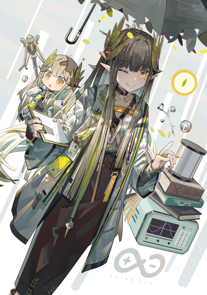 1girl, :o, absurdres, arknights, black_collar, book, brown_dress, brown_hair