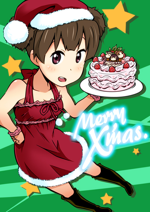 brown_hair, c, c_(neta), cake, christmas, dress, food, hat