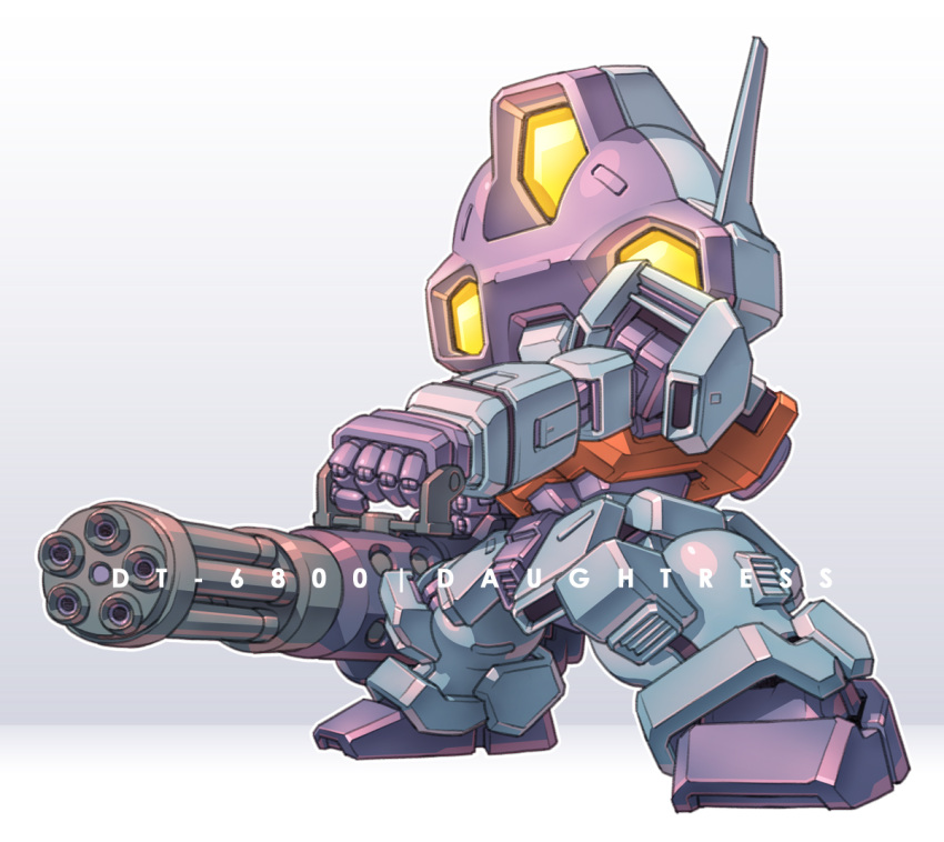 after_war_gundam_x, character_name, chibi, daughtress, english_text, full_body, gatling_gun, gradient_background